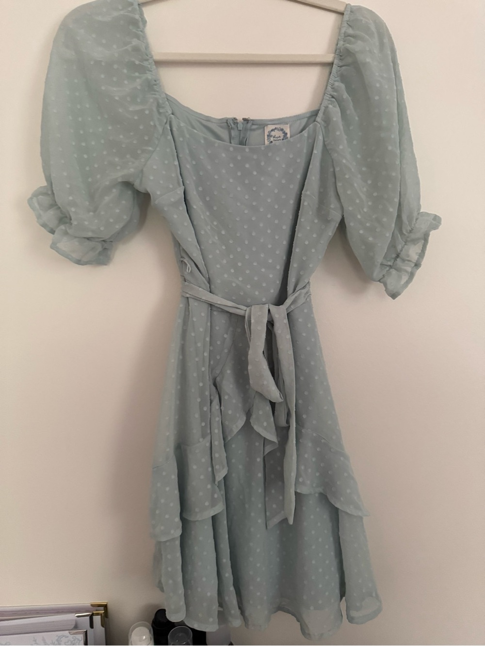 Mint Green Puff-Sleeve Polka Dot Wrap Mini Dress